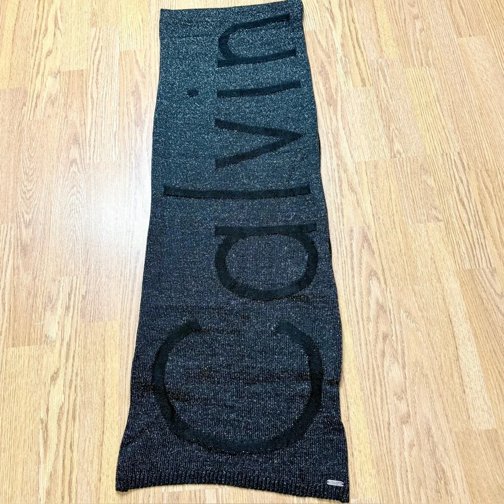 90’s Calvin Klein LOGO WOVEN scarf in black gold silver metallic knit embossed
